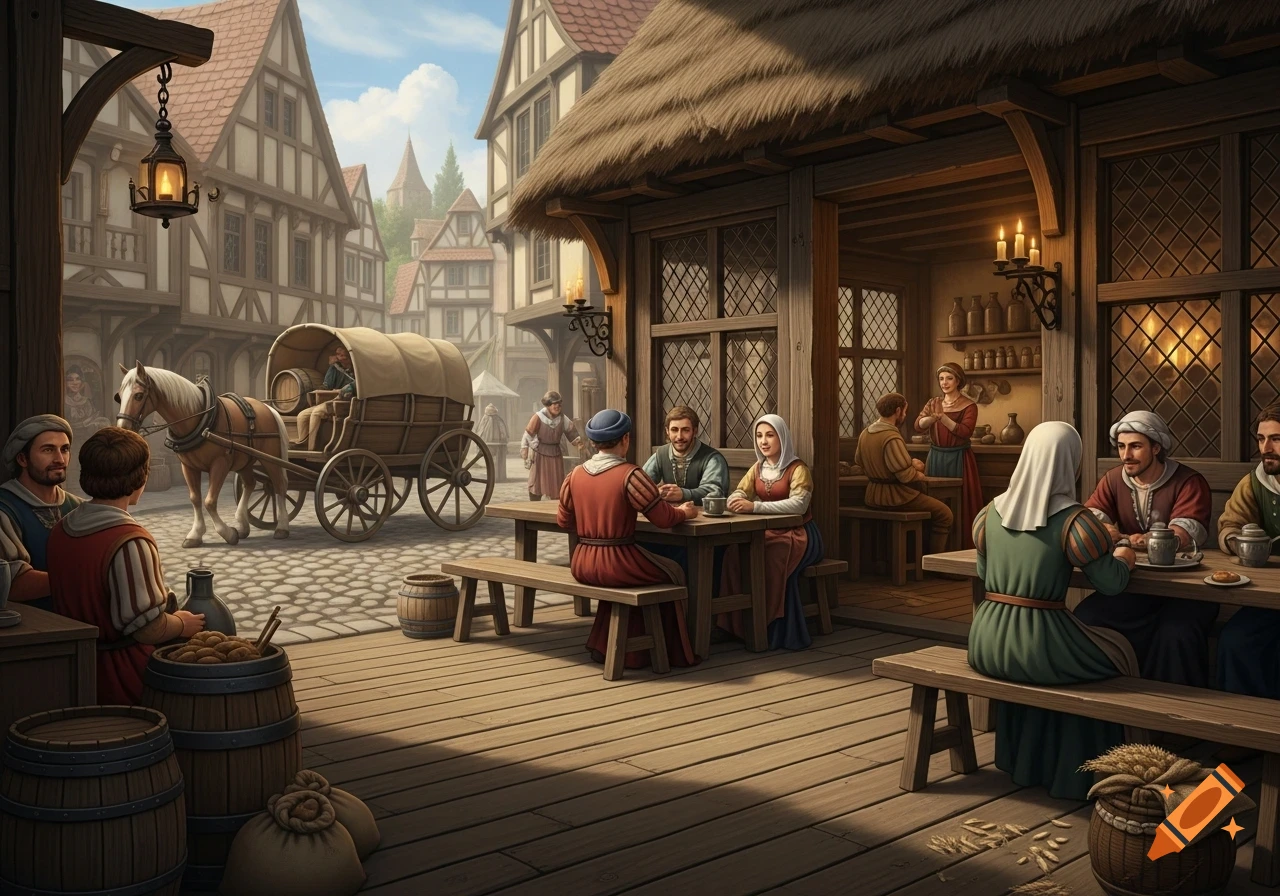 A bustling historical town street scene with people eating outside a thatched-roof tavern and a horse-drawn cart.