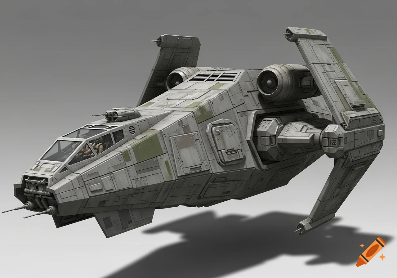 A detailed render of a grey and green military-style dropship, resembling a Star Wars U-wing, with folding wings and a visible pilot.