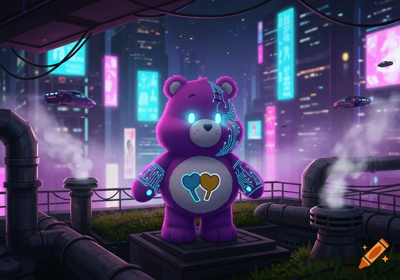 A purple cyberpunk teddy bear with glowing eyes and circuit patterns on a city rooftop at night, with neon signs and flying cars.