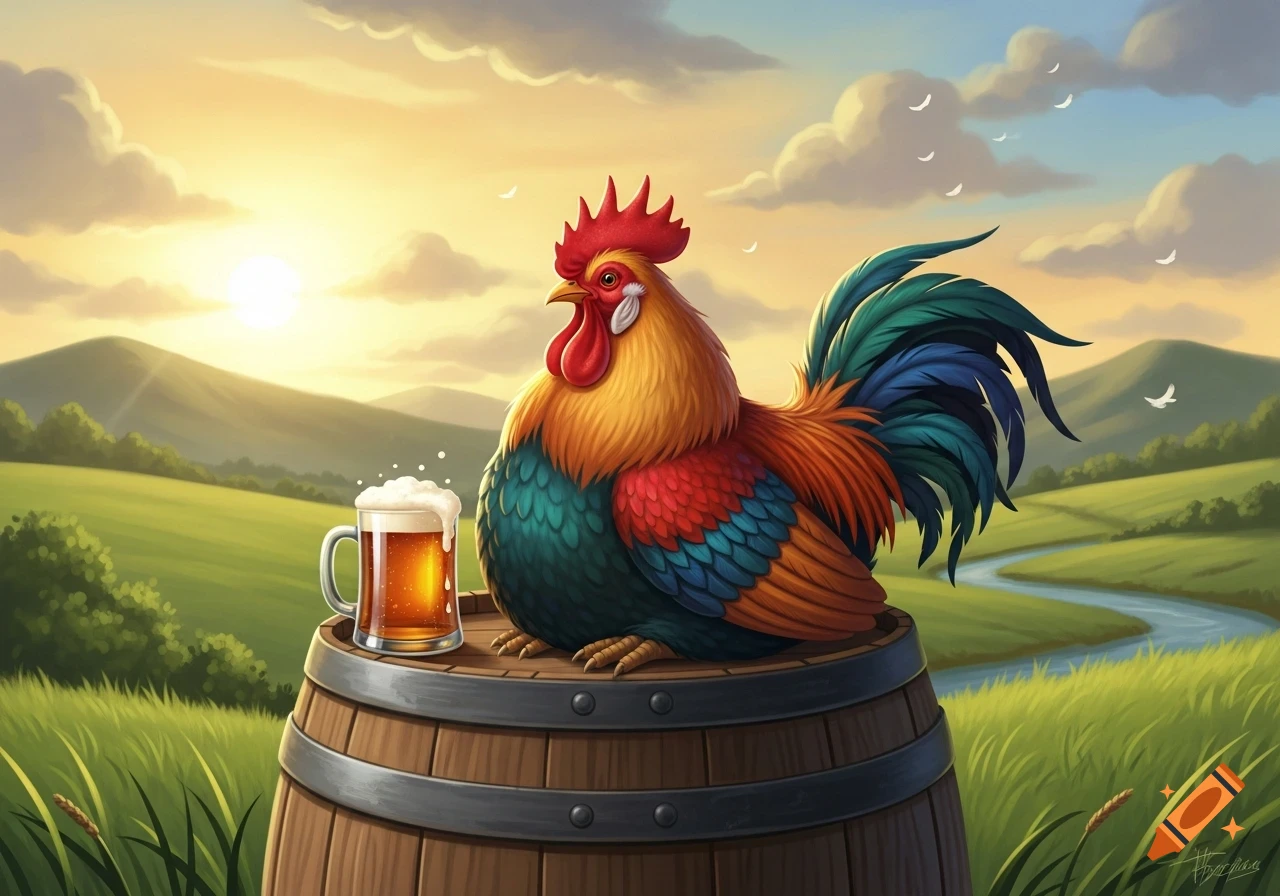 A colorful rooster sits on a wooden barrel next to a frothy mug of beer in a green field under a sunrise sky.
