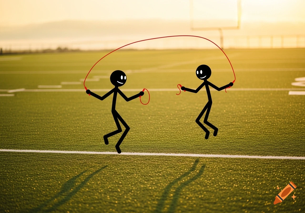 Two black stick figures skipping rope on a green sports field with warm golden lighting.