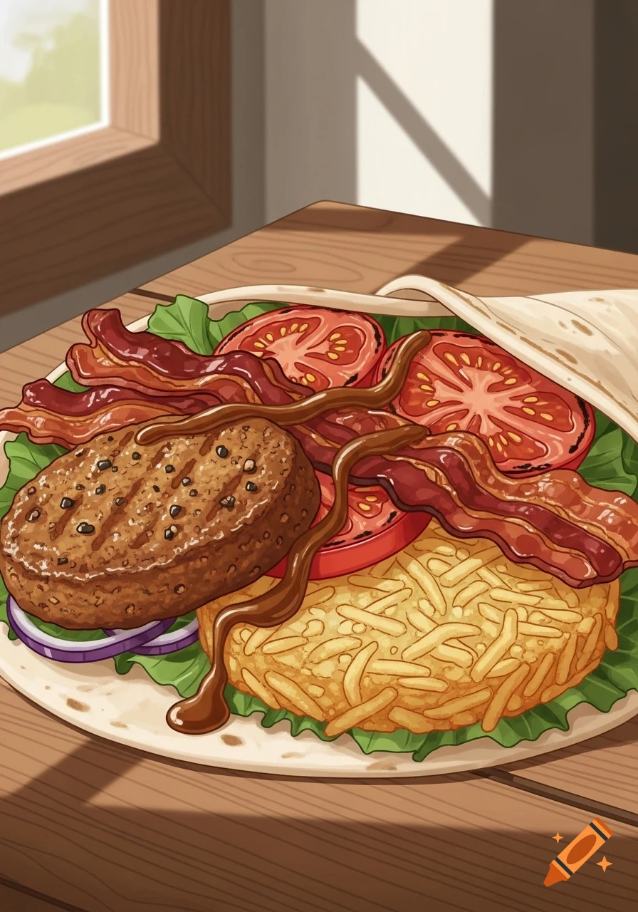 Stylized illustration of a breakfast wrap with vegan sausage, hash brown, bacon, tomato, lettuce, and brown sauce on a wooden table.