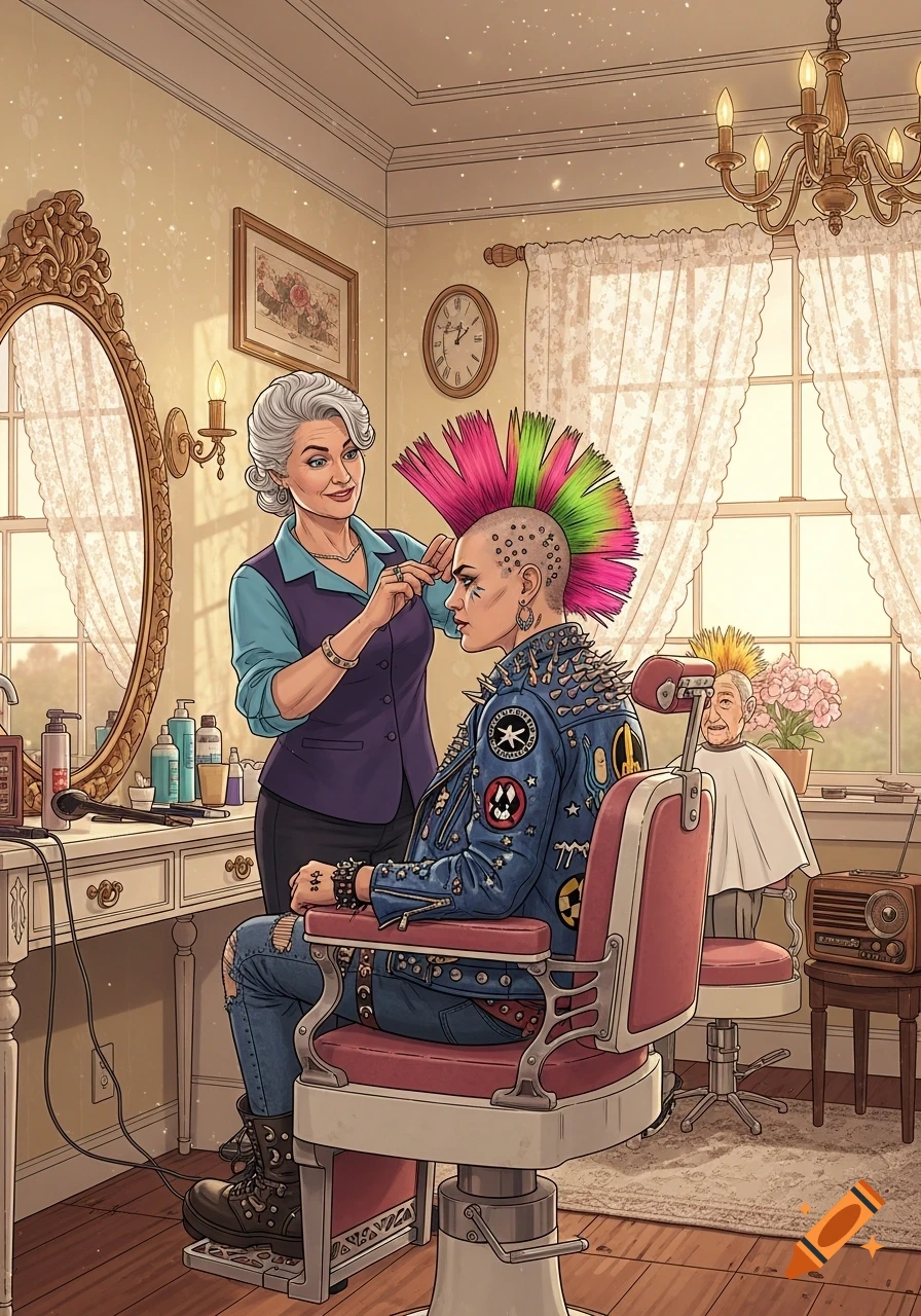An elderly hairdresser styles a punk's pink and green mohawk in a retro salon, with another older person in the background. Illustration.