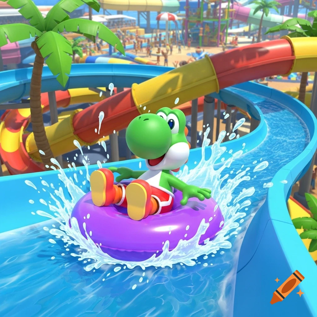 Yoshi in red swim trunks on a purple inner tube rides a waterslide, splashing water in a vibrant water park.