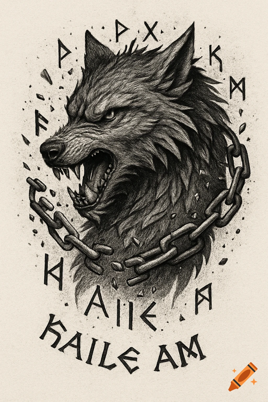 A detailed, black and white pencil drawing of the mythical wolf Fenrir, snarling with broken chains around its neck. Runic symbols and the stylized text "HAILE AM" are above and below the wolf, all in a tattoo art style.