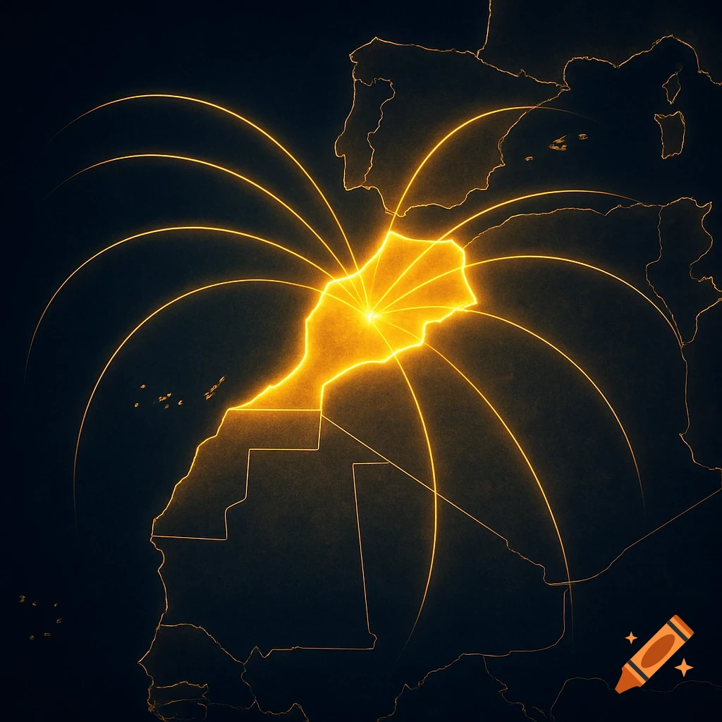 Stylized map of Morocco glowing golden, with light rays extending to surrounding countries and Europe, symbolizing cooperation.