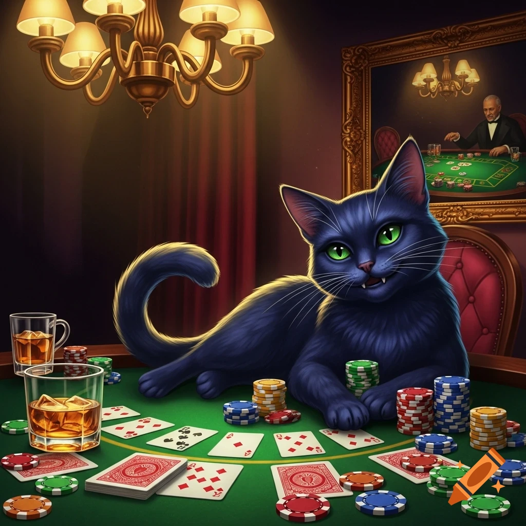 A black cat with green eyes lies on a green poker table, surrounded by playing cards, poker chips, and glasses of whiskey. In the background, a man in a painting also plays poker.