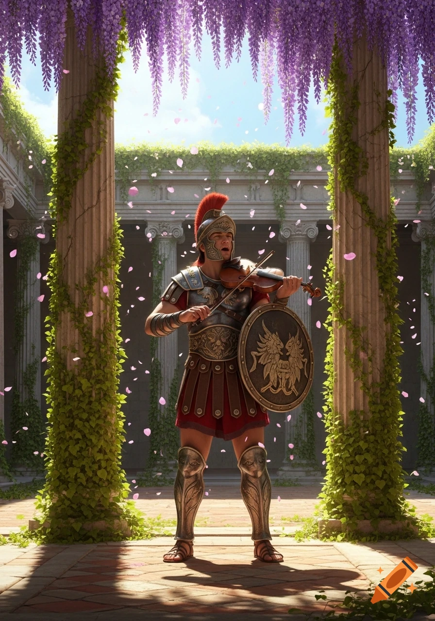 A Roman soldier in a helmet and armor plays a violin in a sunlit courtyard filled with falling pink petals and purple wisteria.