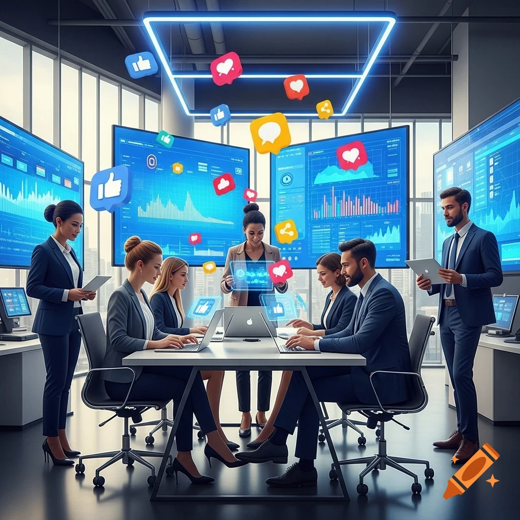 Diverse professionals in a modern office collaborating on laptops with large screens displaying social media data and floating icons.