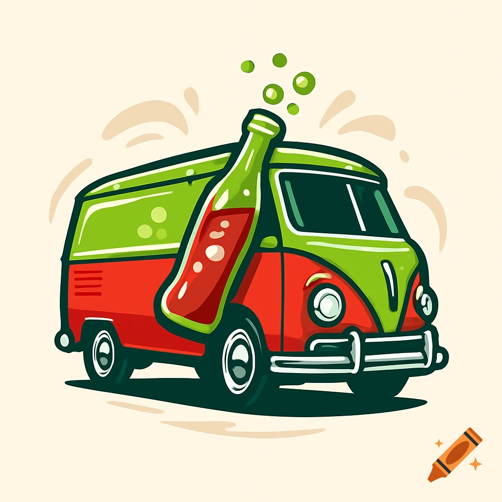 A vibrant red and green cartoon soda van with a large soda bottle emerging from its top, in a logo style.