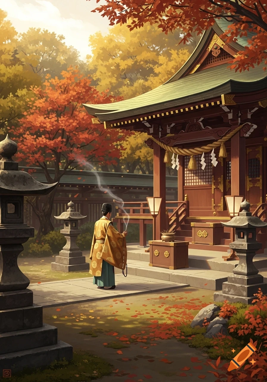 A person in traditional robes performs a ritual with incense outside a Japanese temple, surrounded by vibrant autumn trees and fallen leaves.