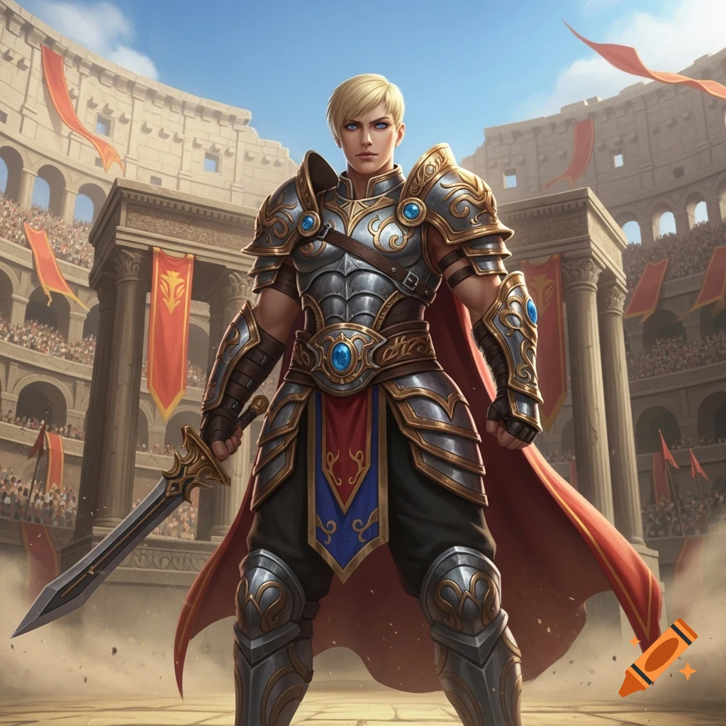 A muscular fantasy gladiator with short blonde hair and blue eyes stands in ornate silver and gold armor, holding a sword in a large ruined arena.