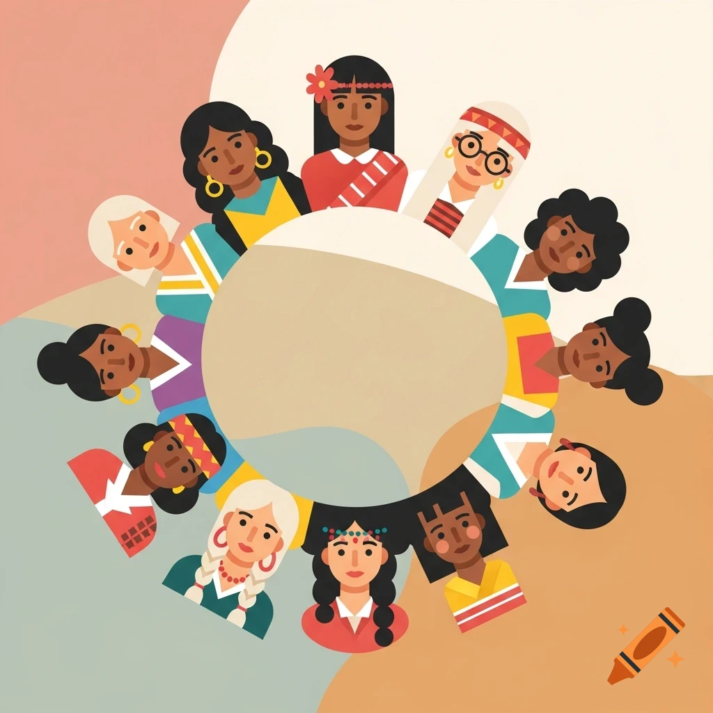 Stylized illustration of diverse women of various ethnicities arranged in a circle.