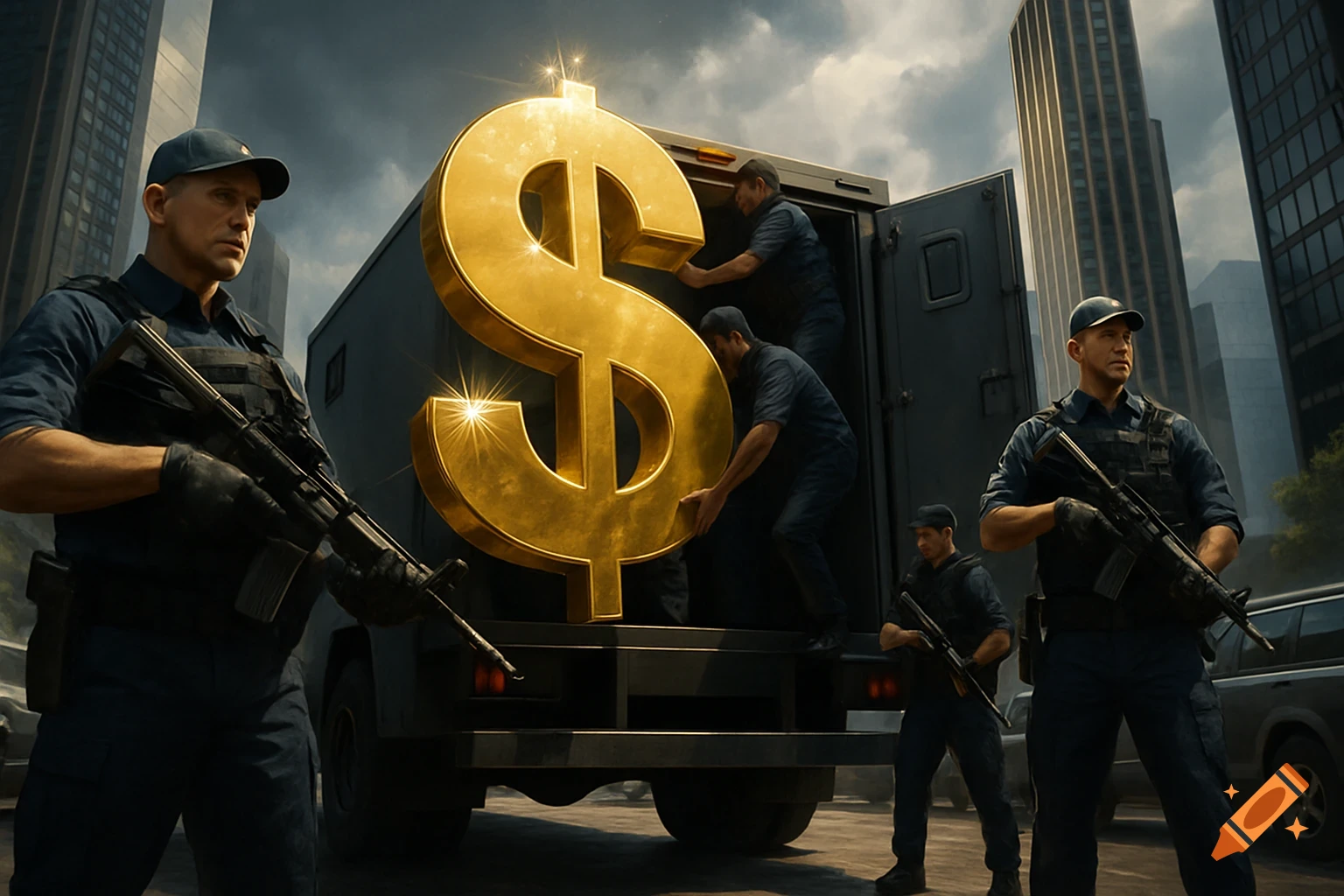 Armed guards unload a giant, shining golden dollar sign from an armored truck in a city street, with more guards standing watch.