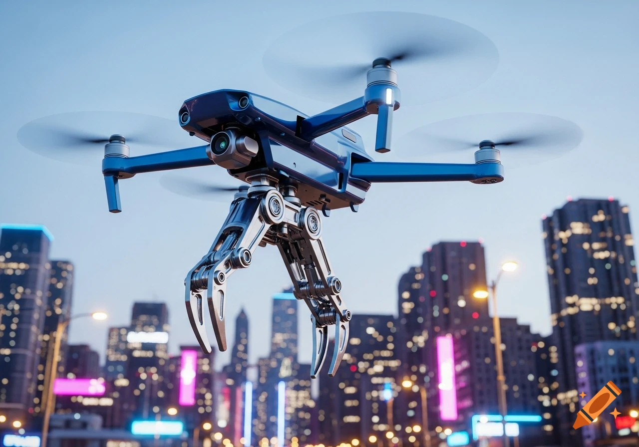 Photorealistic blue drone with a robotic claw flying over a lit city at dusk.