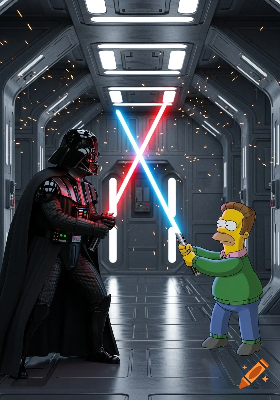 Darth Vader and Ned Flanders engage in a lightsaber duel in a futuristic sci-fi corridor.