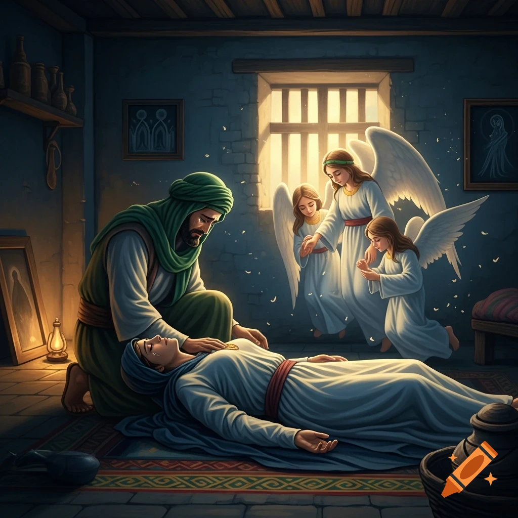 A man mourns over a deceased woman on a mat, surrounded by three glowing angels in a dimly lit, somber room.