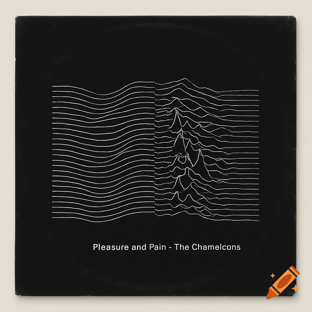 A black album cover with white abstract waveforms; smooth lines on the left, jagged peaks on the right. Text at the bottom reads 'Pleasure and Pain - The Chamelcons'.