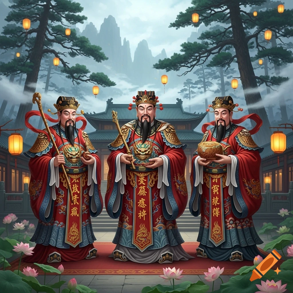 Three bearded men in elaborate red and gold traditional Chinese robes stand in front of a temple, holding staffs and ceremonial objects, with lotus flowers and lanterns around them.