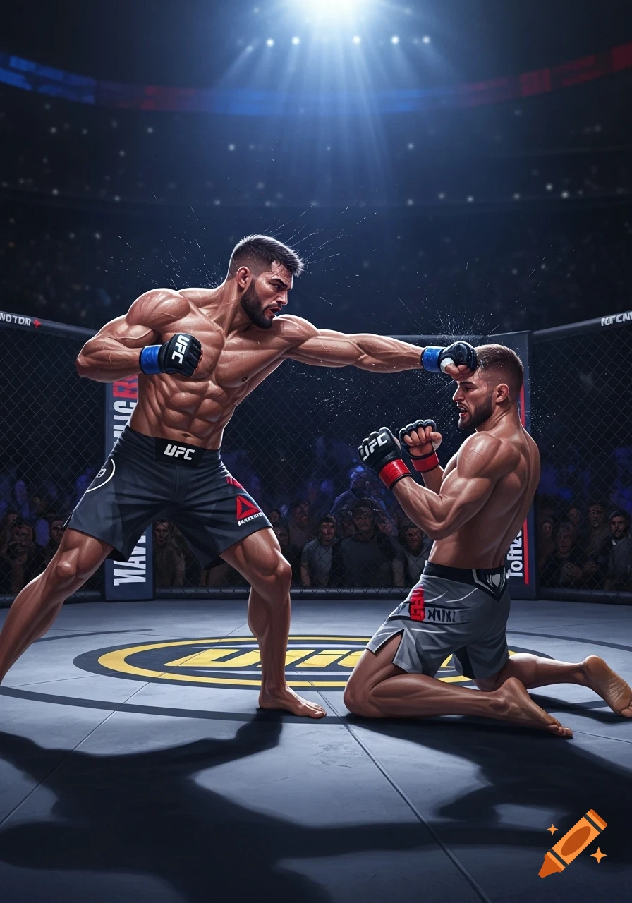 Two muscular MMA fighters in a brightly lit arena, one delivering a punch to the other who is kneeling on the mat.