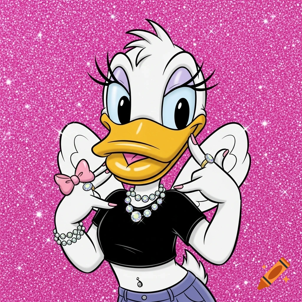 Cartoon female duck with yellow lips, black crop top, jewelry, and a belly button piercing, against a glittery pink background.