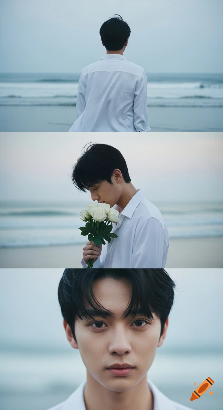 Three vertical photorealistic portraits of a young man with white roses on a melancholic beach, facing the ocean and showing sorrowful expressions.