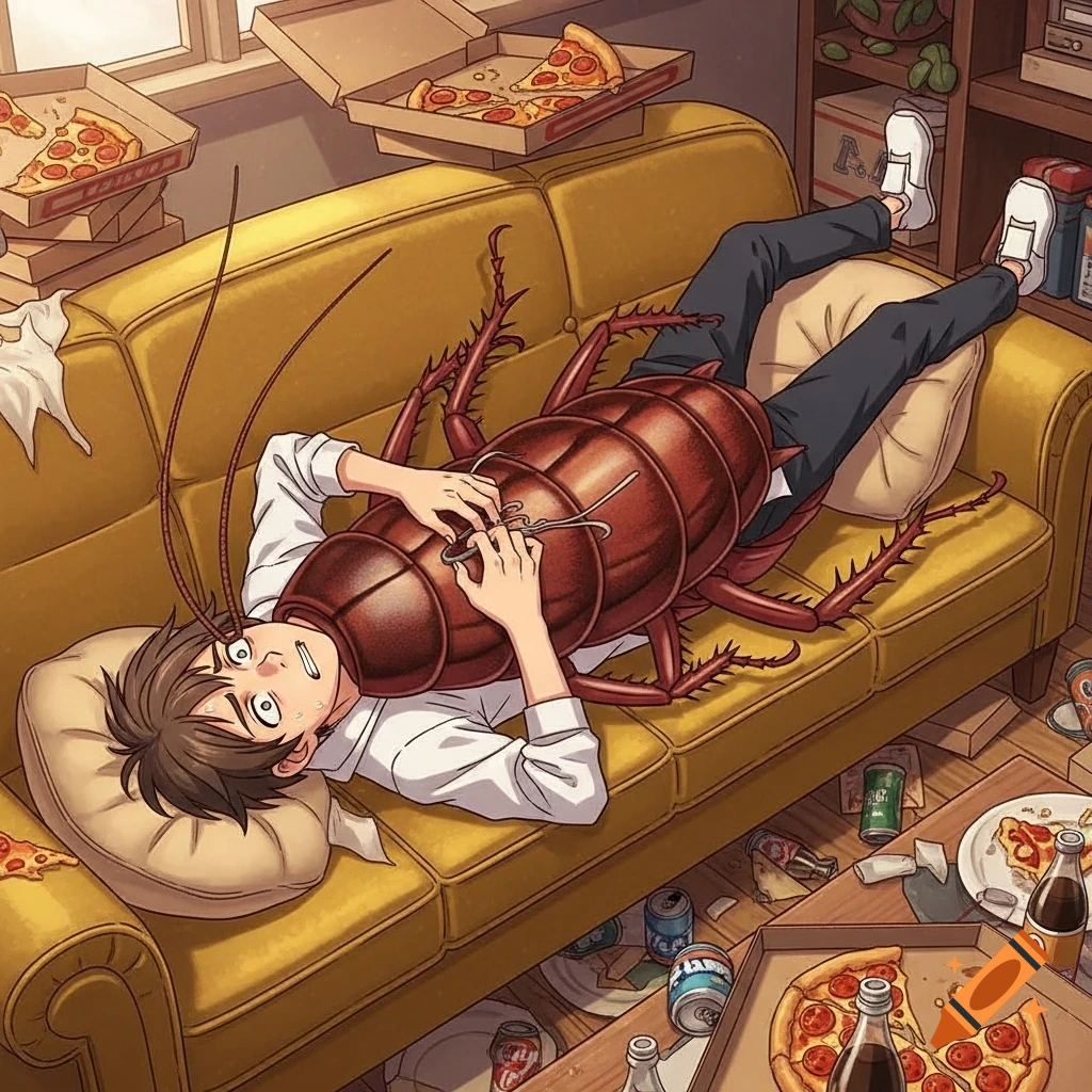 A young anime man with a large cockroach exoskeleton on his back lies distressed on a messy yellow couch, surrounded by pizza boxes and soda cans.