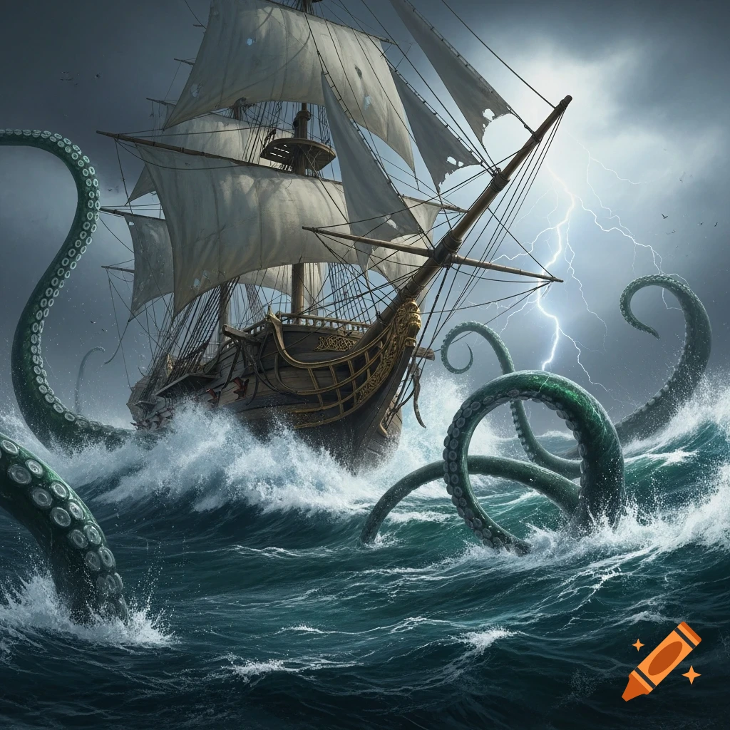 A sailing ship in a stormy sea, surrounded by a kraken's tentacles with lightning striking in the background. Photorealistic style.