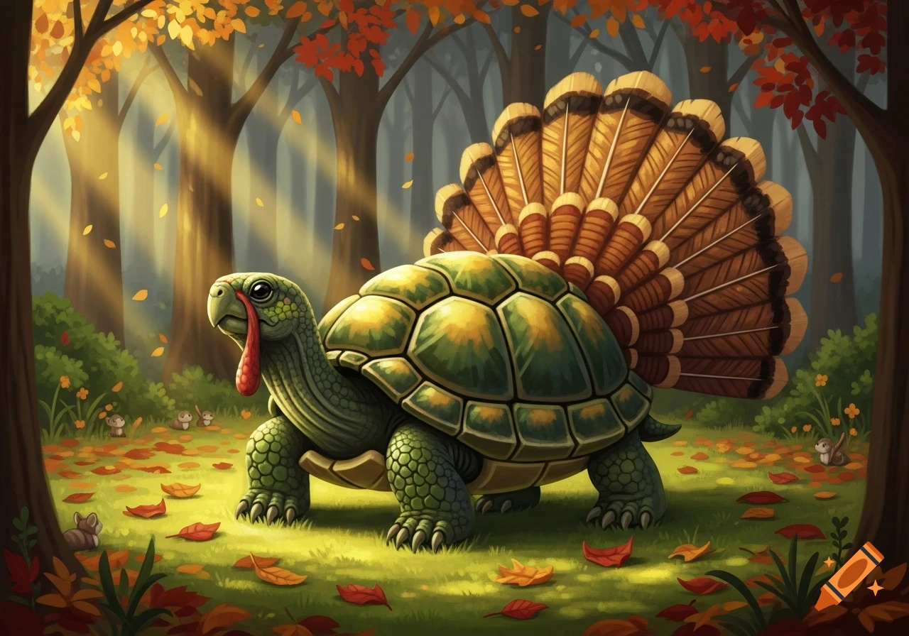 An illustrated turtle with a fanned turkey tail and red wattle walks through an autumn forest with sunlight and fallen leaves.