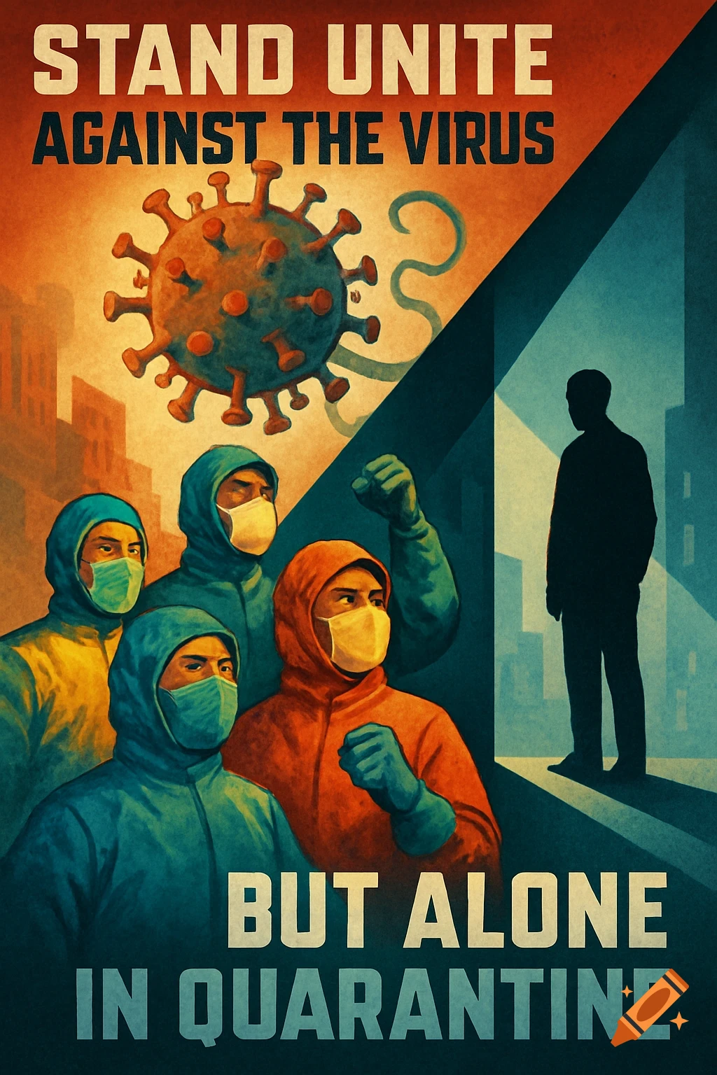 A retro-style propaganda poster with text that reads "STAND UNITE AGAINST THE VIRUS" and "BUT ALONE IN QUARANTINE." It depicts a large COVID-19 virus, people in protective suits, and a solitary silhouette of a person.
