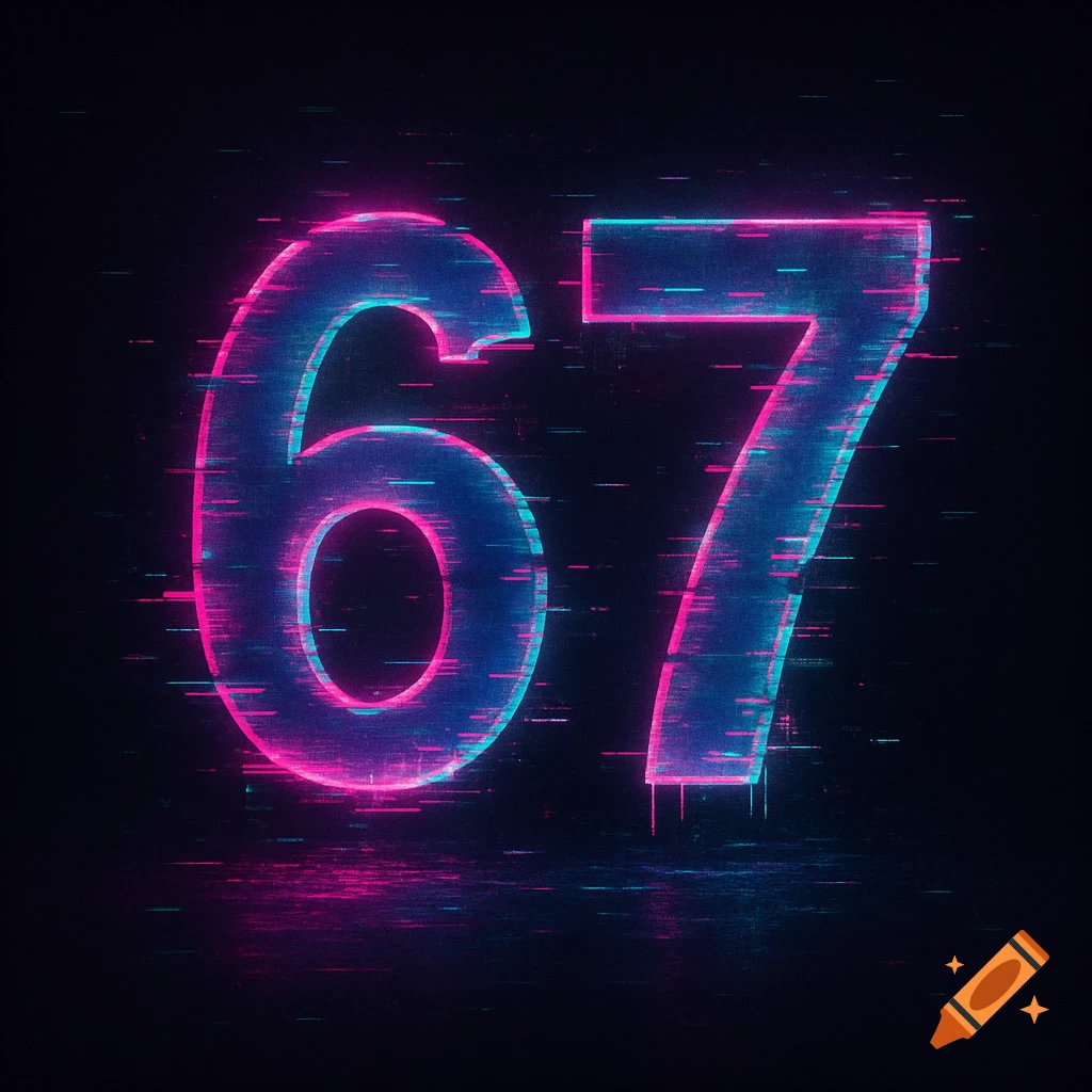Numbers 67 in a neon pink and blue glitch art style on a black background.