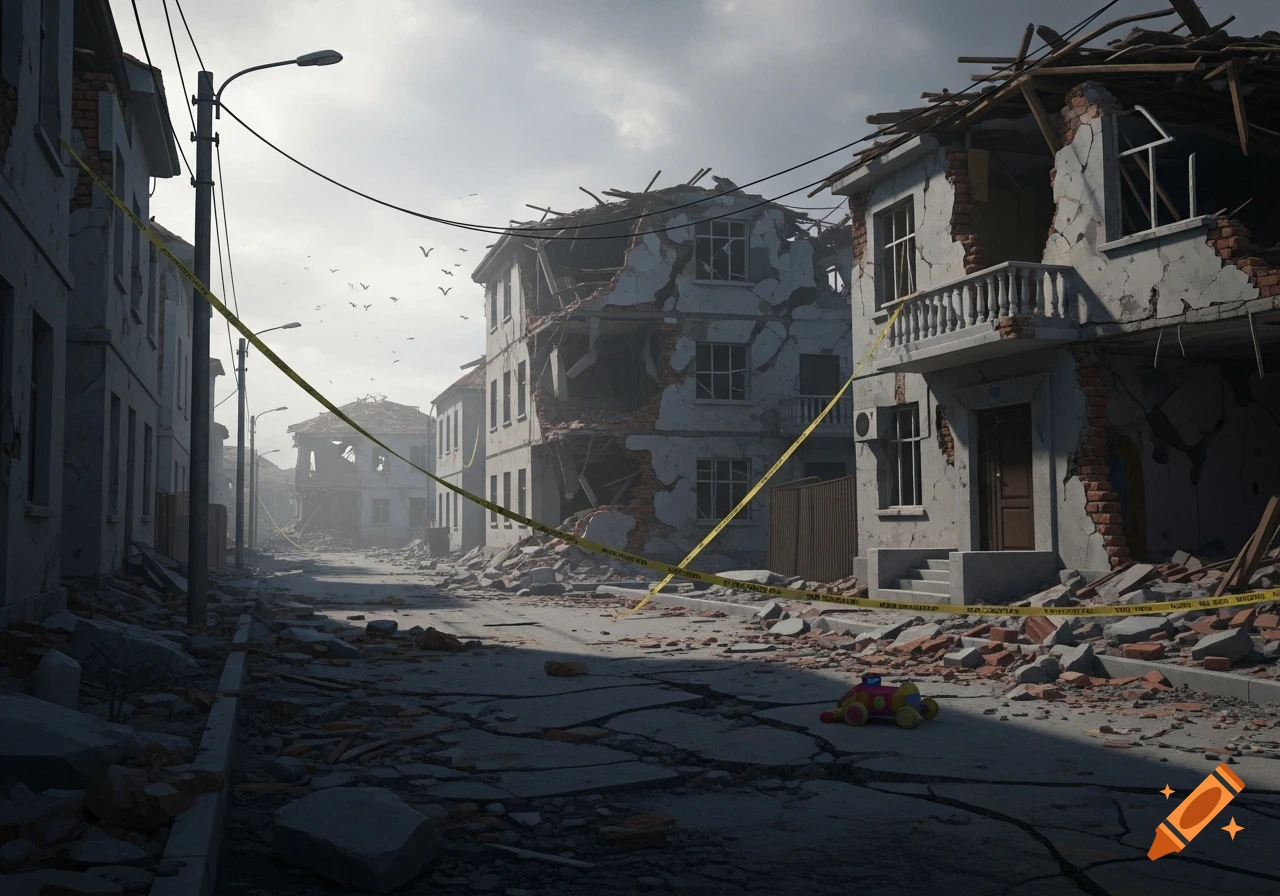 A photorealistic image of a war-torn residential street with heavily damaged buildings, rubble, yellow caution tape, and a toy car on the ground under a cloudy sky.