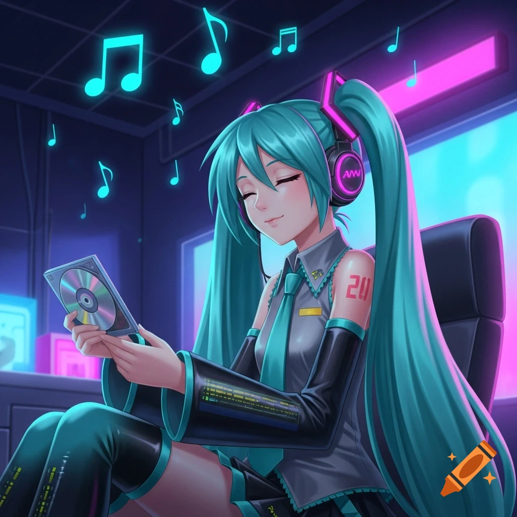 Hatsune Miku, an anime girl with long teal pigtails, smiles serenely while wearing headphones and holding a CD, surrounded by glowing musical notes.