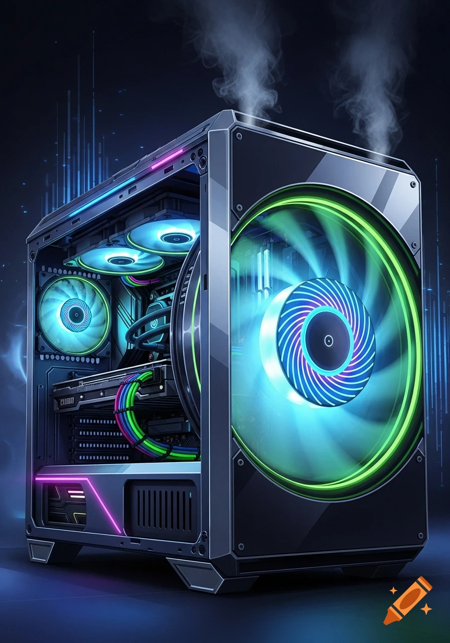 A futuristic gaming PC with neon blue and green LED fans and smoke vents, against a dark digital background.