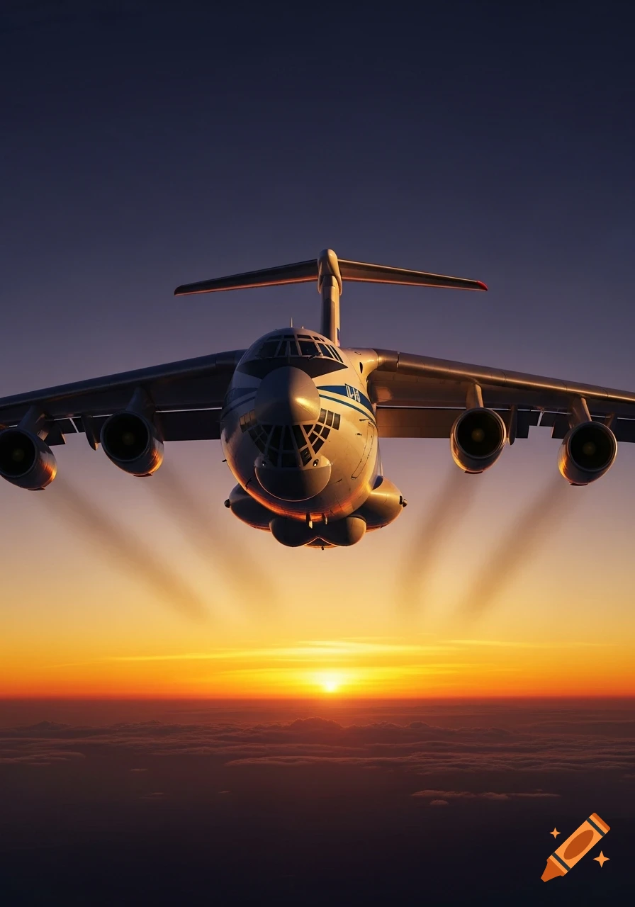 A large turbofan cargo plane, an Ilyushin Il-76, flies against a vibrant orange and purple sunset sky above a cloud layer.