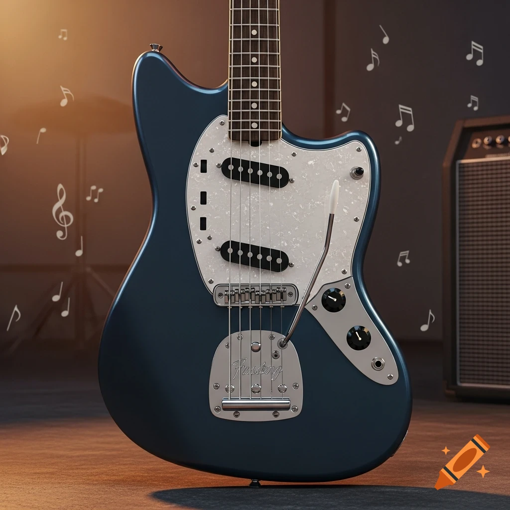 Close-up of a deep blue electric guitar with a white pickguard and chrome hardware, with musical notes floating in the background.