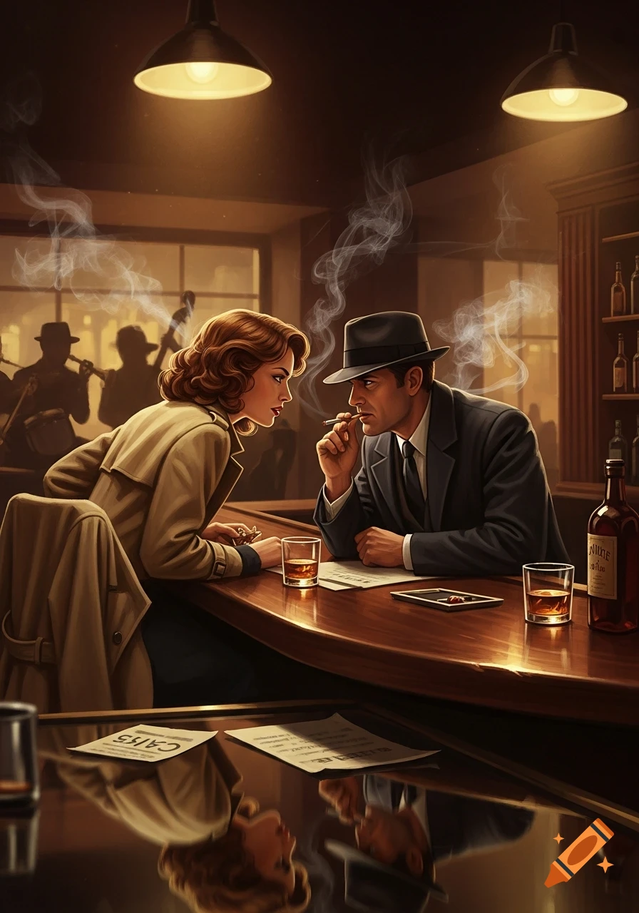 A man in a fedora and a woman in a trench coat lean across a bar counter, smoking and talking in a dimly lit, vintage-style bar with a jazz band silhouette in the background.