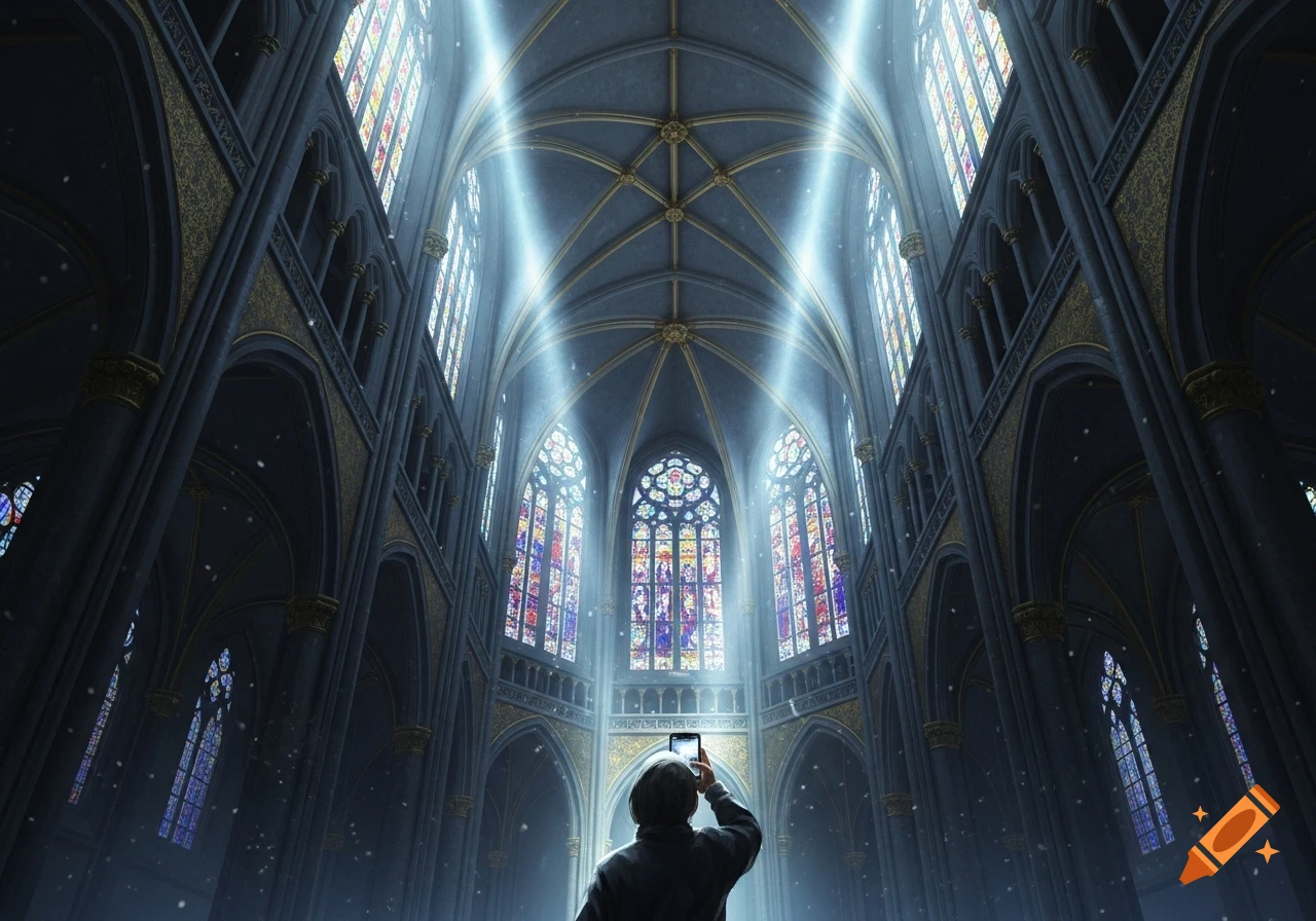 A person photographs the grand gothic interior of a cathedral, illuminated by dramatic light from stained-glass windows.