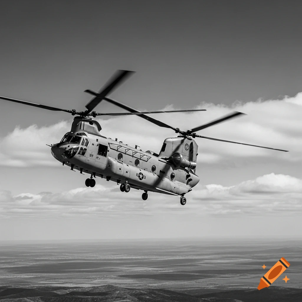 A black and white photo of a US Army Chinook helicopter flying over a landscape under a cloudy sky.