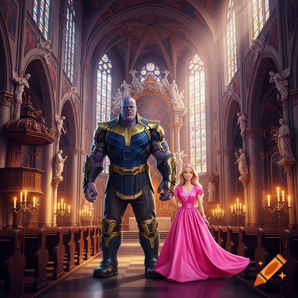 Thanos and Barbie holding hands in a grand, ornate church with stained glass windows, photorealistic style.