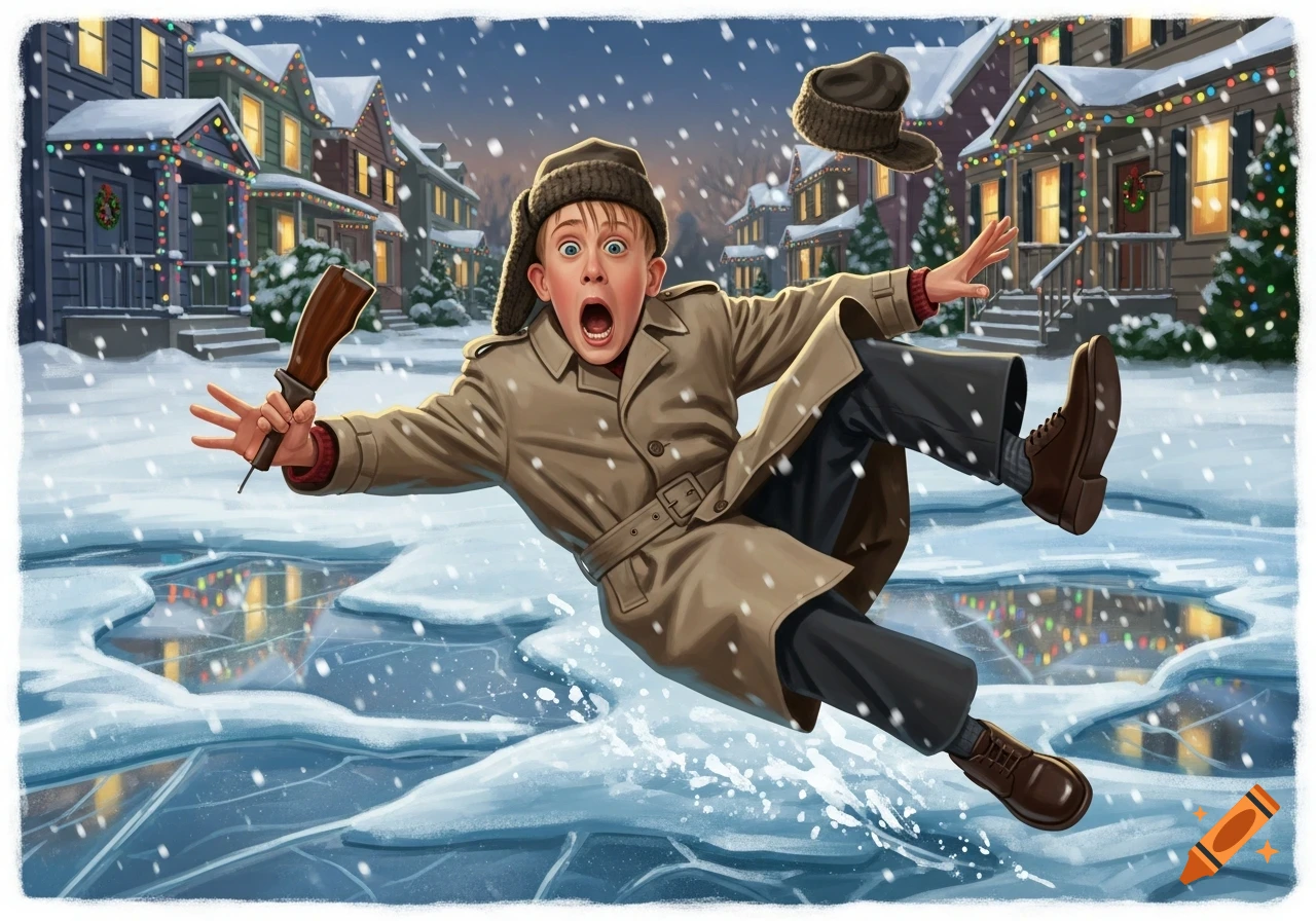 A wide-eyed child in a trench coat and hat slips dramatically on ice in front of snow-covered houses decorated with Christmas lights, in an illustration style.