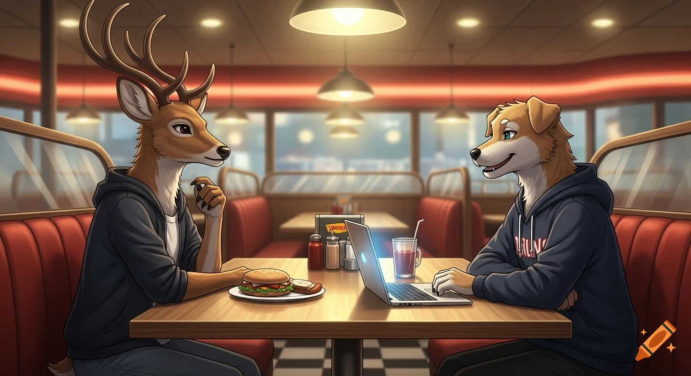 An anthropomorphic deer and dog sit across a table in a diner, with a burger and laptop between them, in anime style.