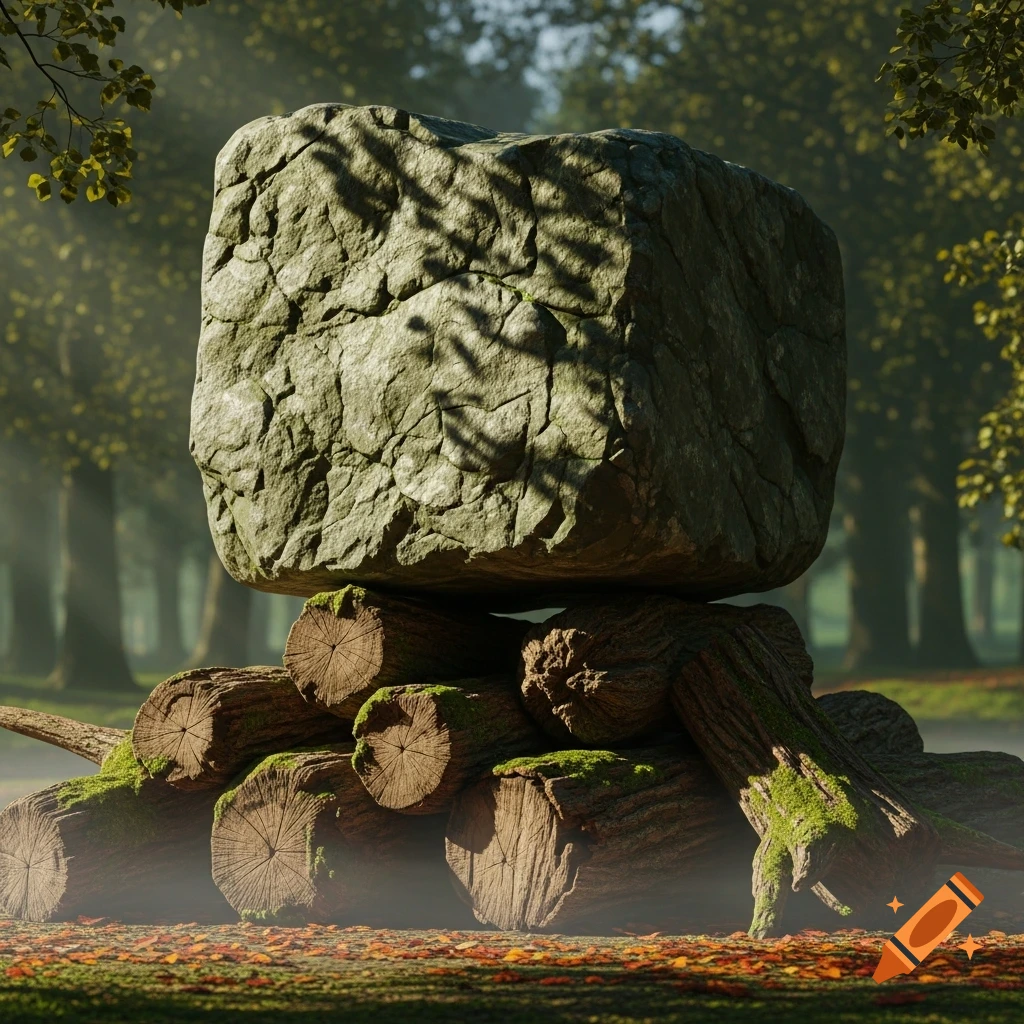 A large, rough-hewn stone block balanced on moss-covered logs in a misty forest with fallen autumn leaves.