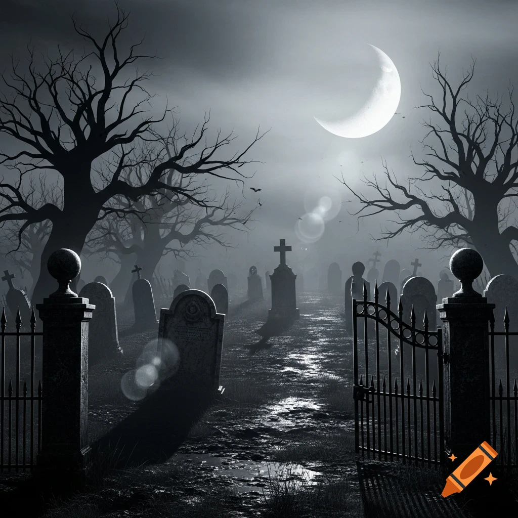 A dark and foggy graveyard at night, with tall, bare trees, numerous gravestones, an open gate, and a bright crescent moon in the sky.