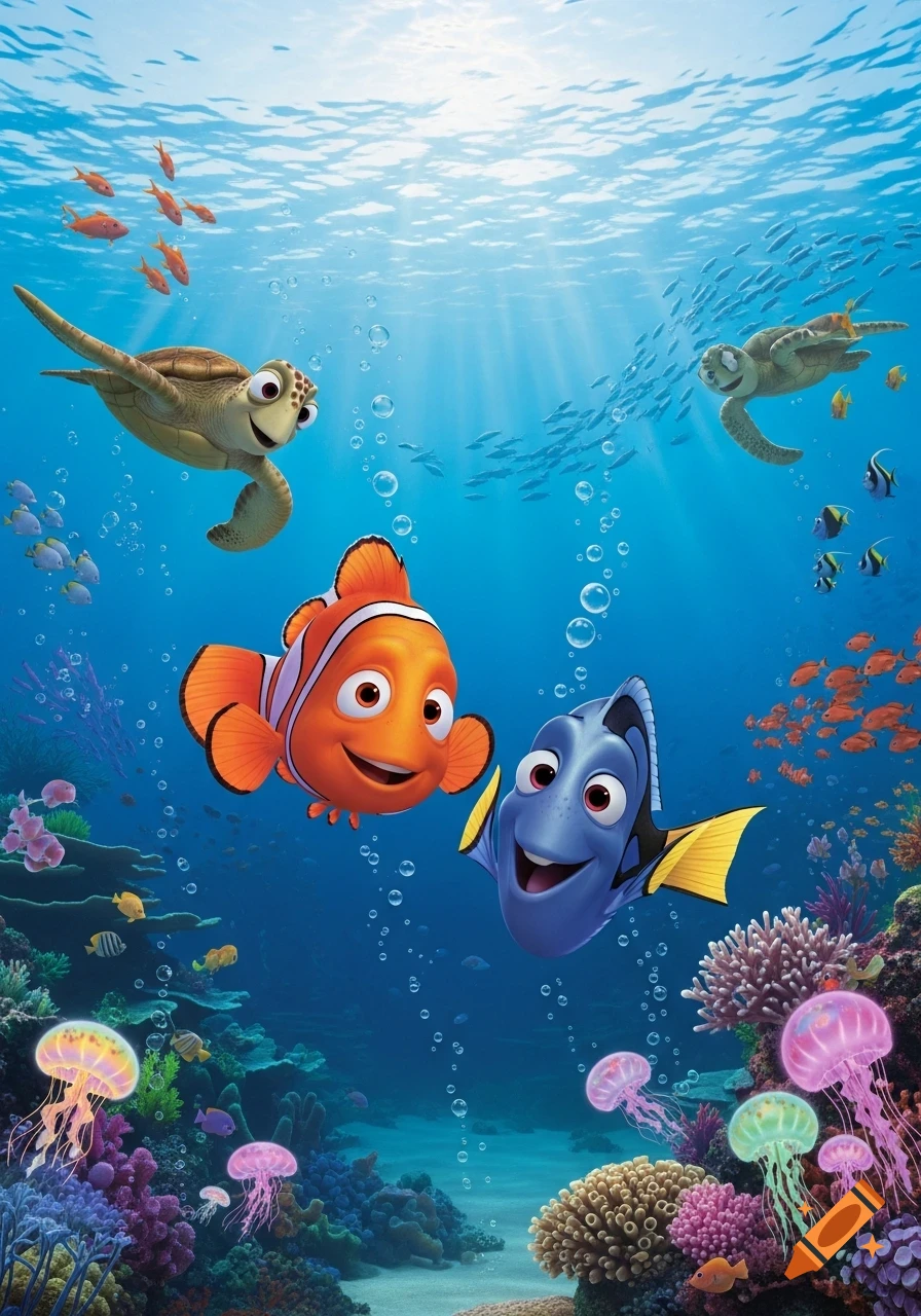 Marlin, Dory, and Crush swim happily underwater surrounded by colorful coral, jellyfish, and schools of fish in a vibrant animated style.