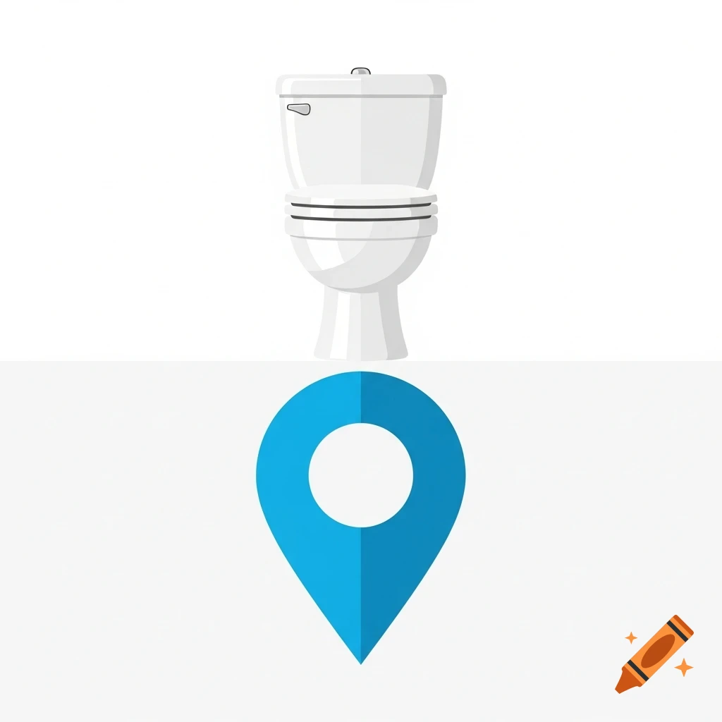 A flat, minimalist app icon design showing a white ceramic toilet above a blue location pin marker on a white background.