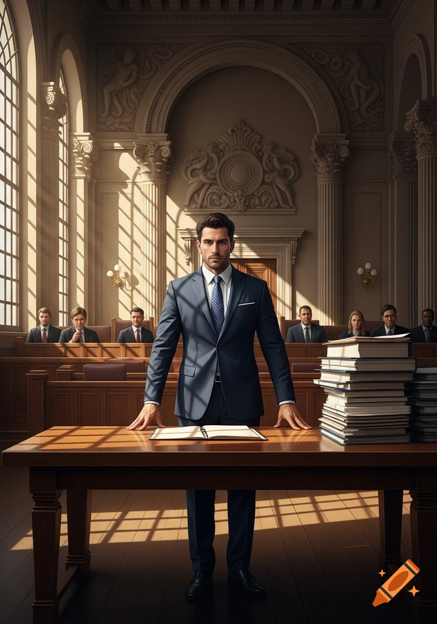 A serious man in a blue suit and tie stands in a grand courtroom, hands on a wooden table with an open book and stacks of law books. Others sit in the background.