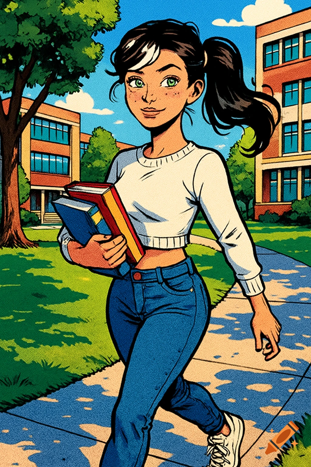 Comic art of a young woman with green eyes and freckles, wearing a white crop top and jeans, walking on a college campus with books.