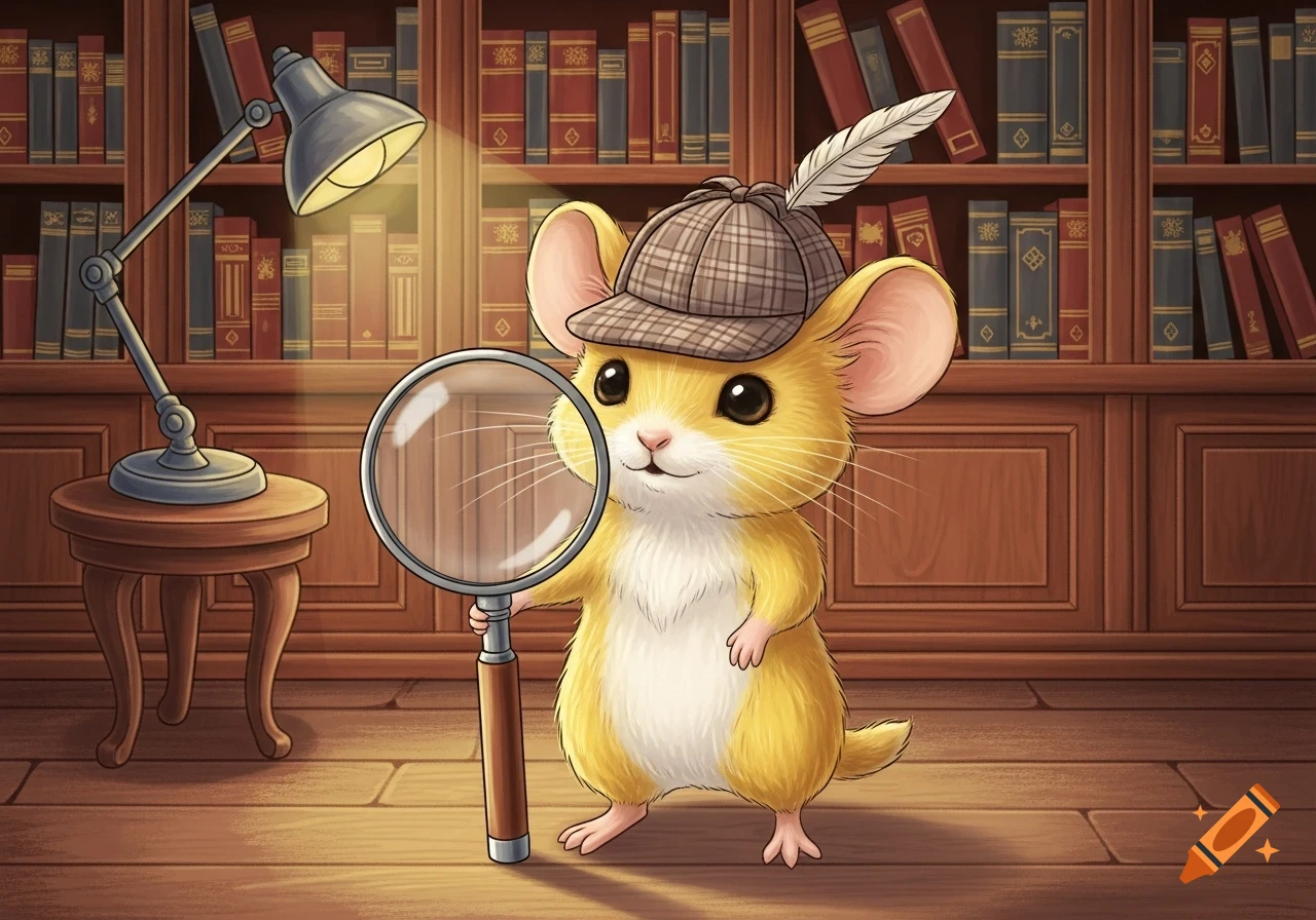 A cute yellow cartoon mouse detective wearing a plaid hat, holding a magnifying glass in a library with bookshelves and a lamp.