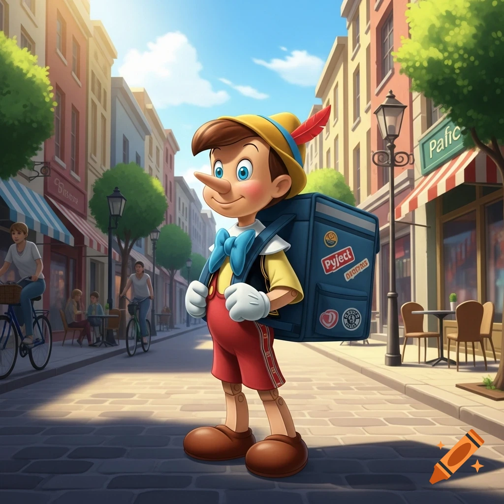 A cartoon Pinocchio with a long nose wears a blue food delivery backpack while standing on a cobblestone street with shops.